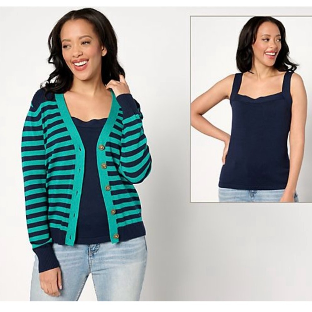 Anybody Striped Cardigan & Solid Tank Sweater set Med